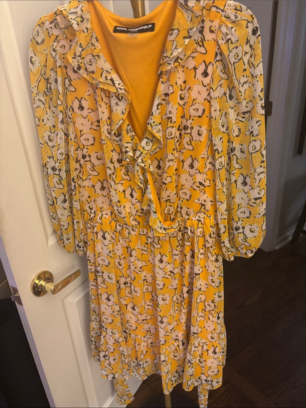 Karl Lagerfeld Yellow Floral Print Wonens Dress with Belt